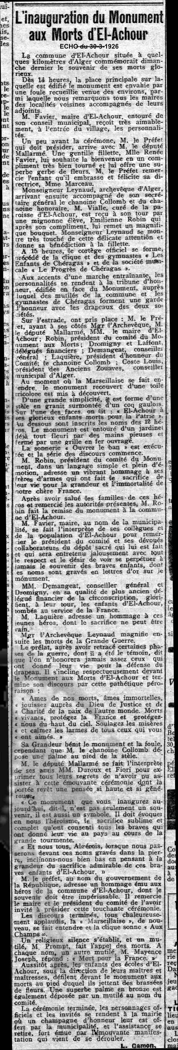 Inauguration du Monument aux Morts