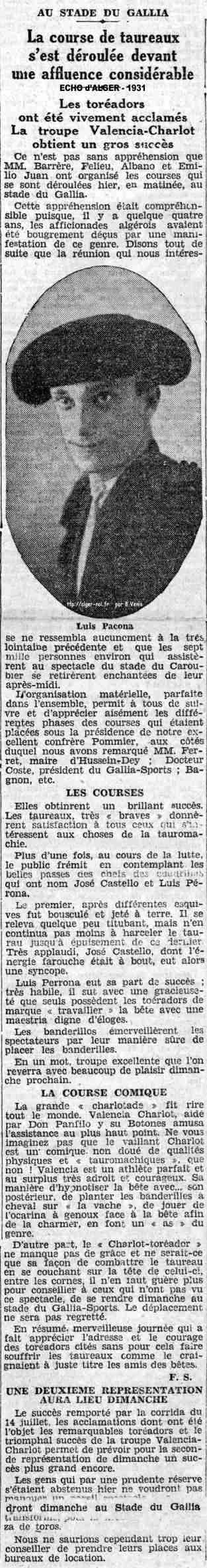 La corrida du 14 juillet aux arènes d'Alger - 1931 